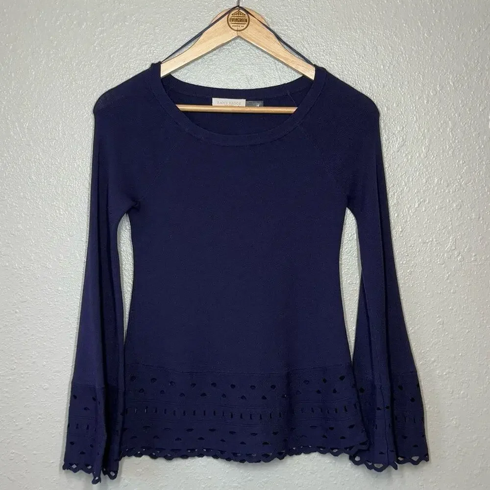 Ramy Brook Diane Sweater Laser-Cut Bell Sleeve Boatneck Navy Size Women's XS - Picture 8 of 9